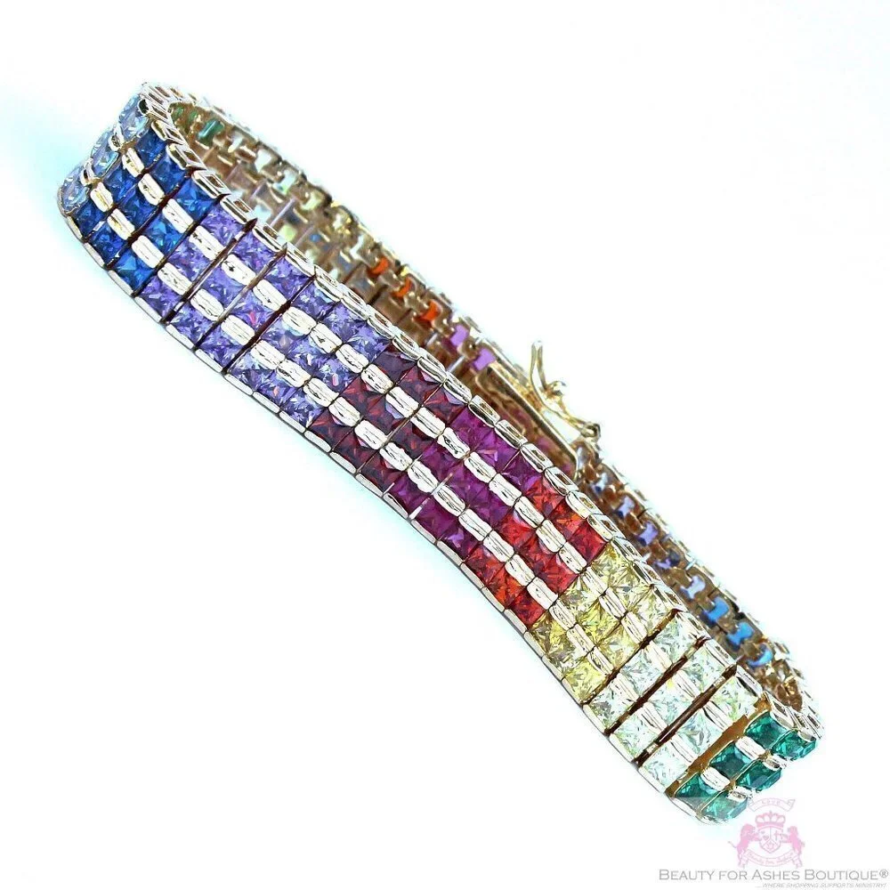 Multicolor Rainbow Yellow Gold Plated Gods Promise Triple Row Gala Bracelet 7.5